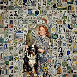 red haired woman smiling with her saint bernard dog, portrait by normal rockwell 1 9 4 0 s