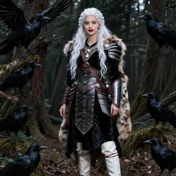 portrait of a warrior, amazon, slav, very beautiful face, pleasant facial features, red lips, long snow - white hair, standing in a dark forest, crows, black closed velvet dress, leather armor, iron armor, white boots, fur, clothes alexander mcqueen very beautiful style, photorealism, bouguereau, edgard maxence