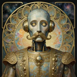 david grisman robot, dmt, large metal mustache, muted colors, benevolent, nebula background, glowing eyes, detailed realistic surreal retro robot in full regal attire. face portrait. art nouveau, visionary, baroque, giant fractal details. vertical symmetry by zdzisław beksinski, alphonse mucha. highly detailed, realistic