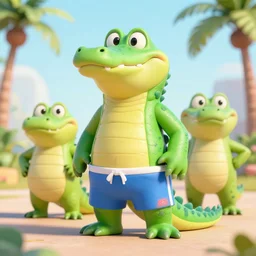 3 d render, anthropomorphic alligator, male waring swim shorts, in the style of zootopia
