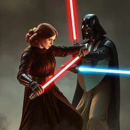 princess leia fighting darth vader in a lightsaber battle