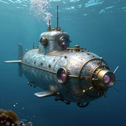 a steampunk submarine, photorealistic, concept art, under water