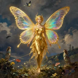 a beautiful faerie, golden ratio, detailed, rainbowshift, by maxfield parrish, john william waterhouse, brian froud