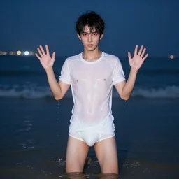 boy wearing white wet tunic and short undewear standing in the water at the beach. faceing the camera. devil red eyes. spread hands. night time. fog. lights in the sky. 8 k, photorealistic, cg