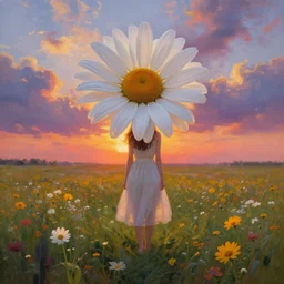 giant daisy flower on head, full body girl standing in a flower field, surreal photography, sunrise, dramatic light, impressionist painting, colorful clouds, digital painting, artstation, simon stalenhag