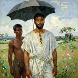portrait of king of dahomey outdoors dressed in airy clothing, with helper holding an umbrella over him, 1905, brightly coloured oil on canvas, by ilya repin