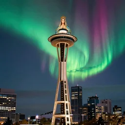 virgin mary portrait centered blending into intense vivid aurora above space needle centered big sky film long exposure fuji wide angle national geographic