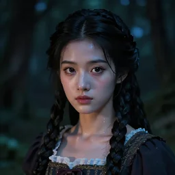 a pixelart masterpiece of a daughter of the moon clan, with long, black, braided hair. nightime, low light, dark forest. strong, dabbled light falls on her face. closeup photography. macro detailed oily skin. highly detailed, sharpness. victorian dress. hyper realistic.