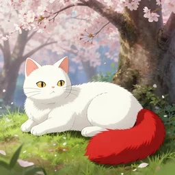 white cat with fluffy red tail like fox tail lying at sakura forest, high detailed, hyper realistic, octane engine, anime illustration, miyazaki, ray tracing