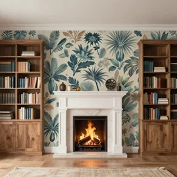 colour 3 5 mm, big open floor, big bookshelf, architectural digest, wide shot, fine art wallpapers, fire place