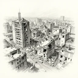 pencil sketch of destroyed city bird view