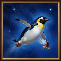 a painting of a cosmic penguin flying through the sky, poster art by raymond swanland, deviantart, fantasy art, christian, deviantart, mystical