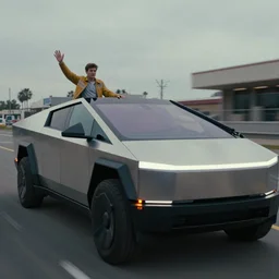 a tesla cybertruck on the movie back to the future 2, reaching 8 8 mph, movie still, 4 k, movie grain, remastered, cinema, dramatic illumination, detailed, real,
