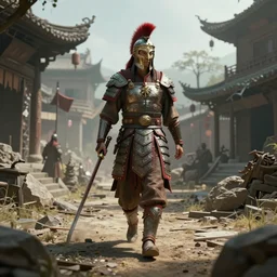 Futuristic matte painting of a Spartan warrior walking through an abandoned Chinese village, volumetric light scattering, highly detailed, digital art, Andreas Rocha, Greg Rutkowski, Darek Zabrocki, ArtStation, CGSociety, Unreal Engine, 4K, 8K