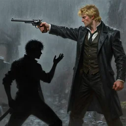 silhouette of fight between a young man with black hair and a tall blond man armed with a revolver, raining, highly detailed, digital painting, artstation, concept art, smooth, sharp focus, illustration, art by artgerm and greg rutkowski and alphonse mucha