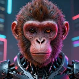 beautiful full closeup portrait of a cybernetic robotic monkey cyborg, full face portrait, monkey face centered, symmetrical, atmospheric lighting, intricate, volumetric lighting, concept art, sharp focus, ultra detailed, colorful color scheme, in the art style of marc simonetti and dan mumford, with cyberpunk city in the background.