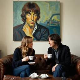 gal gadot having tea with john lennon at his nyc apartment, on the apartment wall is a huge oil painting of buddy holly
