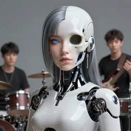 portrait of a cyberpunk robotic female artist, rock band, half skull, music, beautifully detailed, lighting, smooth, elegant, cgsociety, pixiv, by sachin teng and pascal blanche and alphonse mucha and nekro and josan gonzalez, in style of vector art.