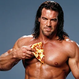 macho man randy savage rubbing pizza over his muscled chest