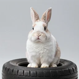 a cute bunny sitting on a tire, studio photo, high quality