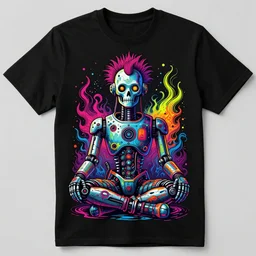 black tshirt with a hyperdetailed portrait of a meditating diesel punk robot, 8 k, symetrical, flourescent colors, halluzinogenic, multicolored,
