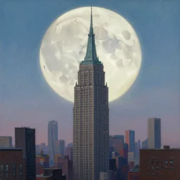 wizard tower, manhattan, giant moon, city, painting, detailed, realistic, complimentary - colors, light, by richard doyle, by robert hagan, by tim hildebrandt