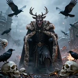 a cursed mad king dressed in a deer fur cloak, evil looking, naughty expression, surrounded by broken skulls and ravens, sparks and ashes in the air, cinematic epic scene, wide view, winter light, detailed, 8 k, trending on cgi society, volummetric light