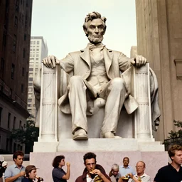 giant abraham lincoln in a city eating people, vintage photo