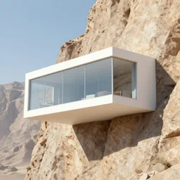lateral view, glass house built on the side of a vertical cliff, brutalist architecture, desert, digital painting, detailed, highly detailed, white, smooth, sharp focus, 3 d rendering, octane, unreal engine, moebius, digital, maya, award winning, trending on artstation