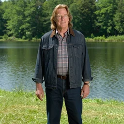 Ron Burgundy standing near a lake