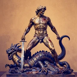 The kinetic sculpture depicts the mythical hero Hercules in the moments after he has completed one of his twelve labors, the killing of the Hydra. Hercules is shown standing over the dead Hydra, his body covered in blood and his right hand still clutching the sword that slew the beast. His face is expressionless, betraying neither the exhaustion nor the triumph that must surely accompany such a feat. warm indigo by Serge Marshennikov, by Marco Mazzoni energetic