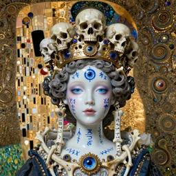 The Princess of Bones by Karol Bak, Jean Deville, Gustav Klimt, and Vincent Van Gogh, portrait of a porcelain princess wearing a crown, porcelain ball-joint doll face with blue painted tattoos, pale blue eyes, mystic eye, otherworldly, crown made of bones, ornate jeweled crown, skulls, fractal structures, arcane, inscribed runes, infernal relics, ornate gilded medieval icon, third eye, spirals