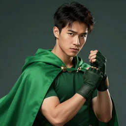 a young handsome asian man wearing a green cape and fingerless gloves. superhero. portrait. digital art. rossdraws. ross tran. trending on artstation. character design. epic. dramatic lighting. robert fawcett akihiko yoshida.