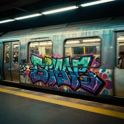 graffiti painted on a train in a cyberpunk subway station, cinematic shot