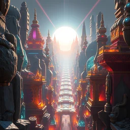 futuristic indian metropolis, highly detailed crystal and gemstone relics, gold relics, neon lasers, bright sun magic hour, digital painting, solid cube of light, hard edges, artstation, sharp focus, illustration, 8 k highly detailed