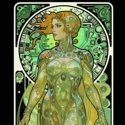 young Jeri Ryan in the role of Seven of Nine the Borg from star trek, art nouveau, amazing details, intricate details, beautiful ,insane details , tarot card, black paper, neon green, fractal system circuit , in the style of Alphonse Mucha,