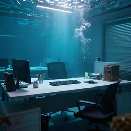 photo of an office desk, underwater, cinematic