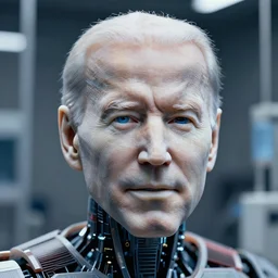 demonic robot joe biden made of polymer 3 d printing itself in a laboratory, detailed face