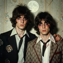two handsome but sinister young men wearing gucci in layers of fear, with haunted eyes and wild hair, 1 9 7 0 s, seventies, wallpaper, a little blood, moonlight showing injuries, delicate embellishments, painterly, offset printing technique, by john howe, brom, robert henri, walter popp