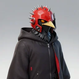 red kon - dam with beetle pincers for a chin gunpla spiked and long studded droid helmet, akira - style artistically anthropomorphic black bird head. cloaked hood down, dynamic pose. science fiction, portrait by donato giancola and greg rutkowski and wayne. hyper detailed. rendered in 3 0 0 0 cycles. top all time r / imaginarycyberpunk.