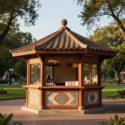 refreshment kiosk in park, neo - andean architectural style, editorial photograph at golden hour