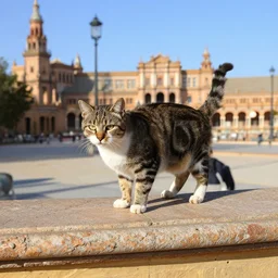 cat doing parkour, seville city landscape