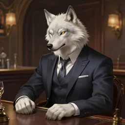 male anthropomorphic albino wolf fursona wearing a nice suit at a bar, deep focus, intricate, elegant, highly detailed, digital painting, artstation, concept art, matte, sharp focus, illustration, d & d, fantasy, hearthstone, art by artgerm and greg rutkowski and alphonse mucha