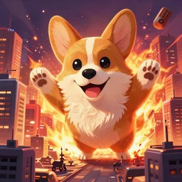 a giant corgi destroying a city, lots of fire, style of borderlands, cel shade, extremely wide angle shot, trending on art station, 4 k, vibrant lighting