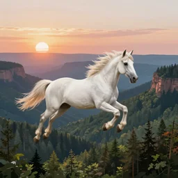 white pegasus flying above forested mesas at sunrise, illustration, by ( kieran yanner ) ( miranda meeks ) ( anna podedworna ) ( cristi balanescu ), digital art