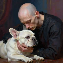 schizophrenic bald frenchman mourning his white dog, fantasy, high detail, elegant, digital painting, cinematic lighting, vibrant, intricate, textured skin, highly detailed, artstation, sharp, focus, hdr, unreal engine 5, breathtaking, illustration, anna dittmann, ilya kuvshinov, nikolay makovsky