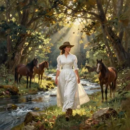 scenic western painting of a woman in a traditional white dress walking through a forest river, horses, radiant light, oil on canvas, albert bierstadt, thomas moran