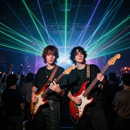 studio portrait of two friends jamming at a concert in a crowd and lasers, surrealism