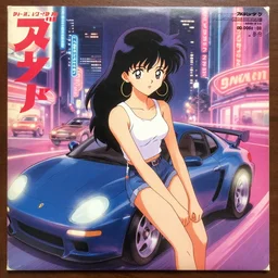 album - cover of a 1 9 8 0 s japanese city - pop record featuring an anime illustration by leiji matsumoto. cute stylish woman ; sports car ; neon ; urban summer drive.