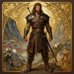 brown haired rogue, full body portrait, rugged, muscular, bearded, male, city landscape, norway, d & d, fantasy, intricate, elegant, highly detailed, digital painting, brown and gold color palette, artstation, octane render, concept art, matte, sharp focus, illustration, herrarthstone, art by artgerm and greg rutkowski and alphonse mucha